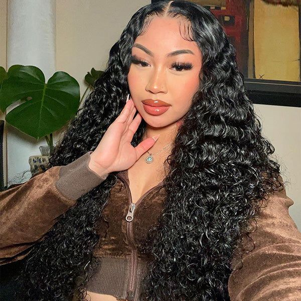 30" 5x5 Glueless Lace Deep Wave Wig Natural Black Human Hair Wigs