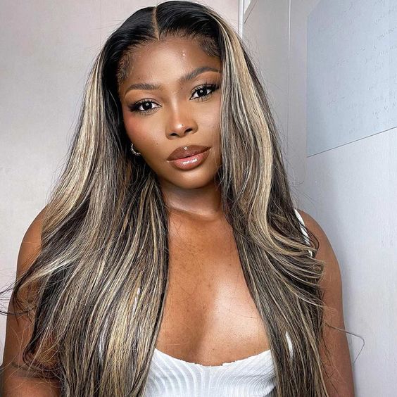 30" Glueless 6x5 Lace Balayage Highlight Colored Wigs Straight Human Hair Wigs Beginner Friendly