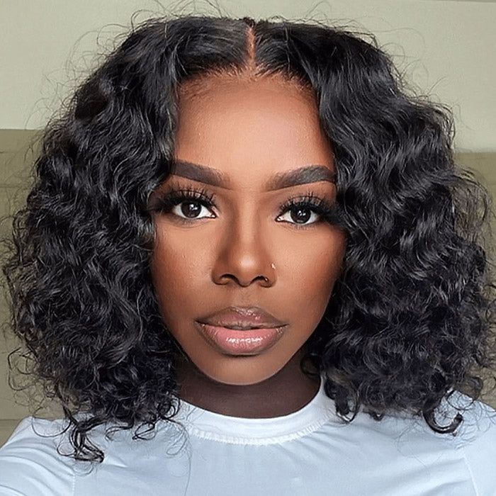 Curly Short Bob Natural Black Glueless T Part Lace Front Human Hair Wig