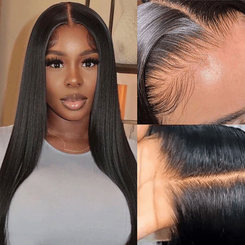 13x4 Lace Frontal Wigs Straight Pre-Bleached Knots Natural Black Human Hair Wigs Free Part