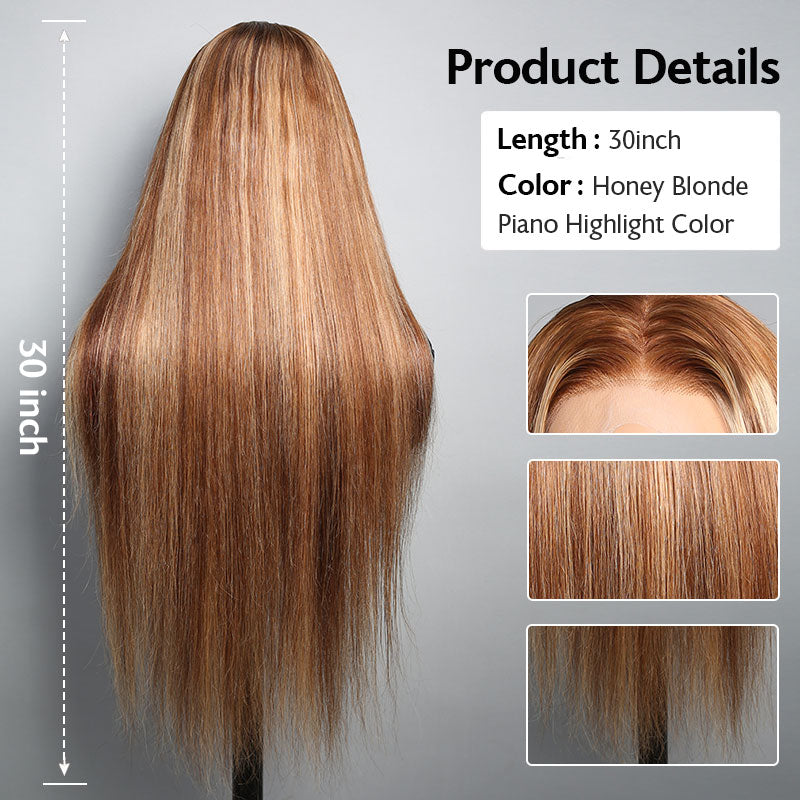 30" 13x4 Lace Front Honey Blonde Piano Highlights Color Straight Colored Wigs Glueless Human Hair Wig