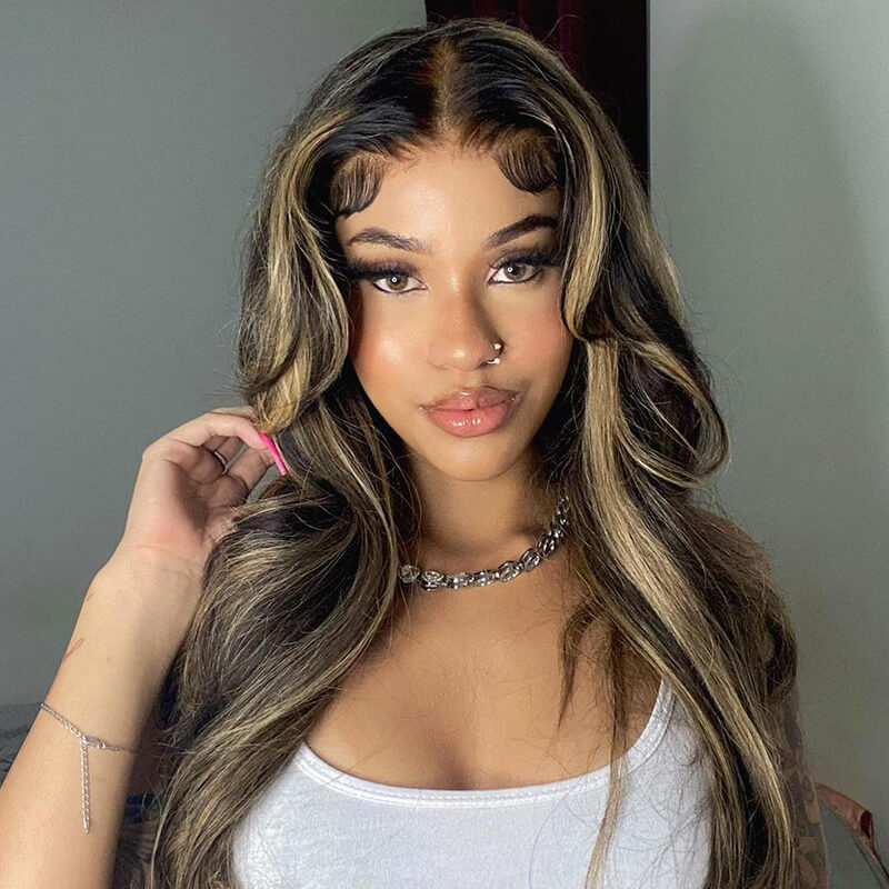 Balayage 13x4 Lace Front Body Wave Wig Highlights Colored High Density Human Hair Wigs