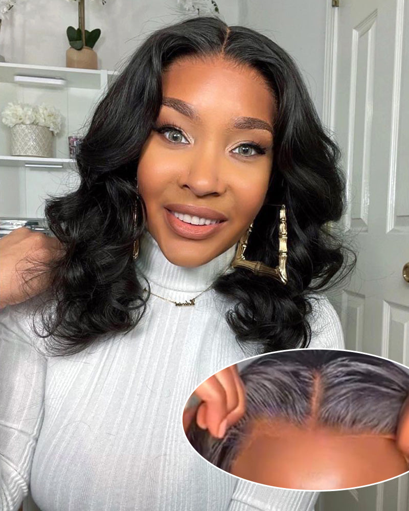 Minimalist Short Bob 6 Inch Deep Lace Front Natural Color Shoulder Length Human Hair Wig Wavy 14