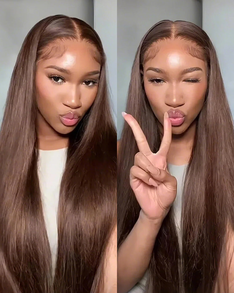 Arabella 13x4 Frontal Lace & 6x5 Invisible Knots Glueless Chocolate Brown Body Wave/Silky Straight Wig Invisible Knots Realistic Hairline
