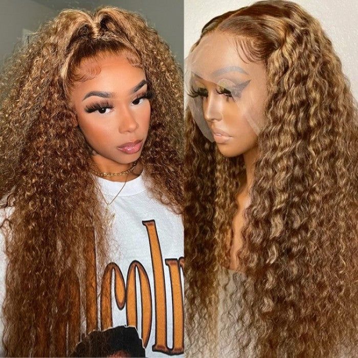 16" 13x4 Lace Honey Blonde Piano Highlights Color Jerry Curly Lace Front Free Part Human Hair Wigs