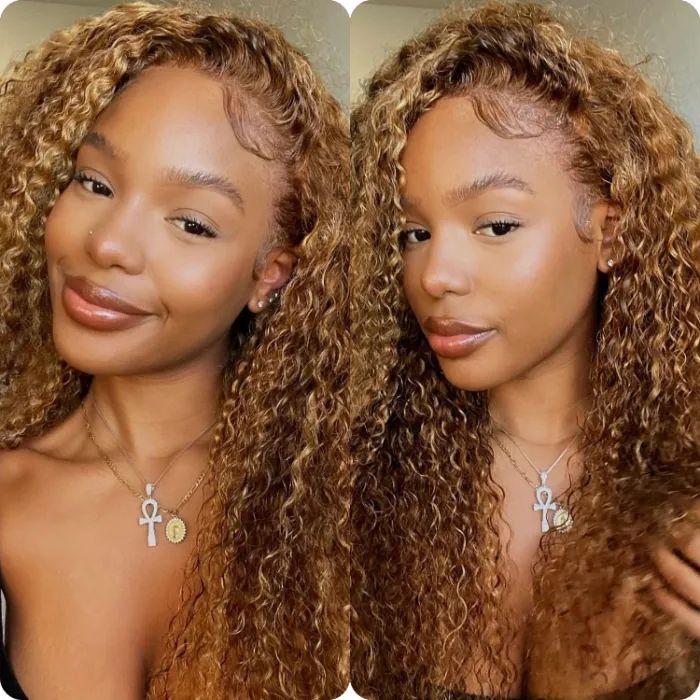 16" 13x4 Lace Honey Blonde Piano Highlights Color Jerry Curly Lace Front Free Part Human Hair Wigs
