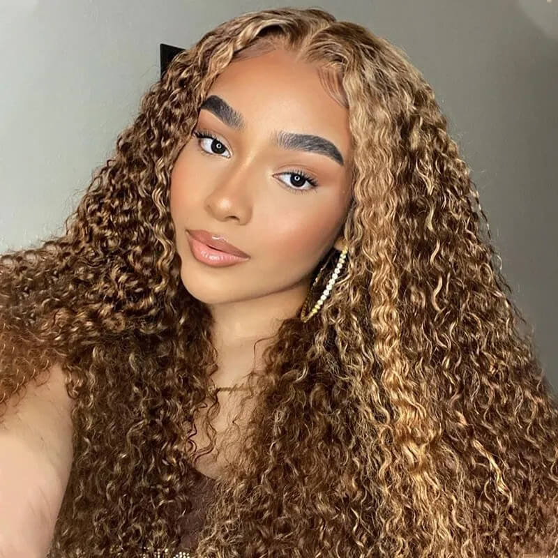26" 13x4 Lace Honey Blonde Piano Highlights Color Jerry Curly Lace Front Free Part Human Hair Wigs