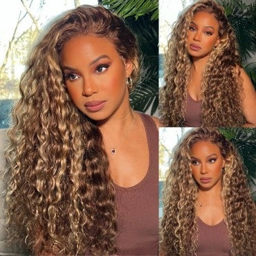 26" 13x4 Lace Honey Blonde Piano Highlights Color Jerry Curly Lace Front Free Part Human Hair Wigs