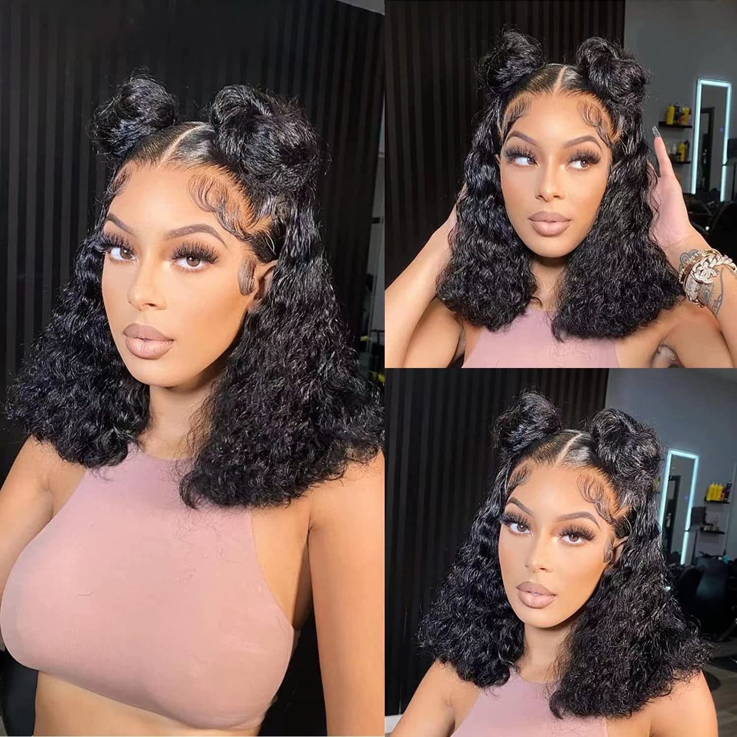 14" 13x6 Lace Front Jerry Curly Bob Wig Natural Black Human Hair Wig Free Part