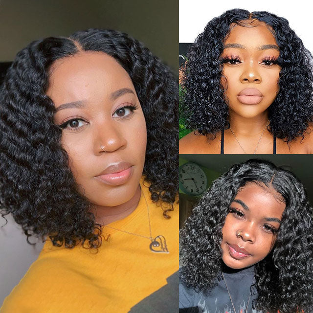 V Part Deep Curly Wave Wig Human Hair Short Bob Glueless Human Hair Wigs No Glue No Leave Out - arabellahair.com