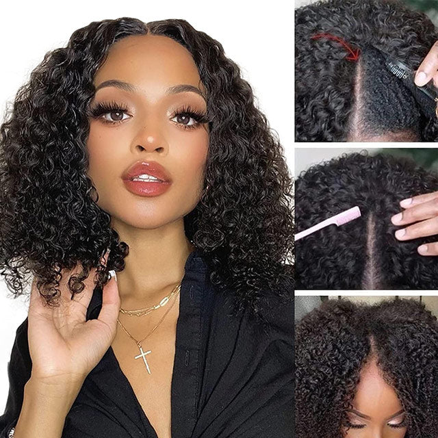 V Part Deep Curly Wave Wig Human Hair Short Bob Glueless Human Hair Wigs No Glue No Leave Out - arabellahair.com