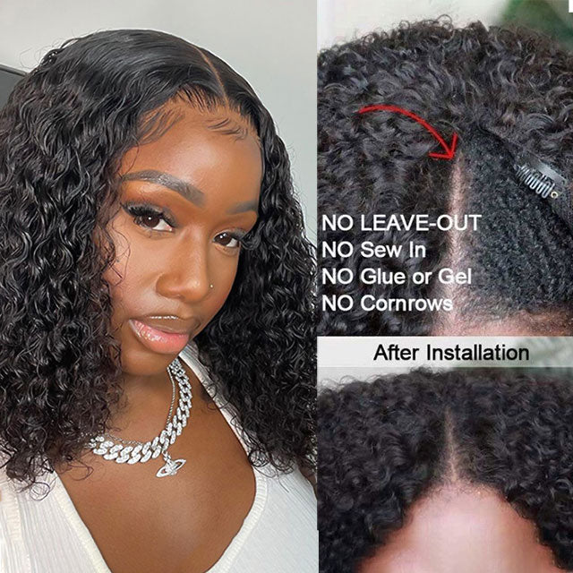 V Part Deep Curly Wave Wig Human Hair Short Bob Glueless Human Hair Wigs No Glue No Leave Out - arabellahair.com