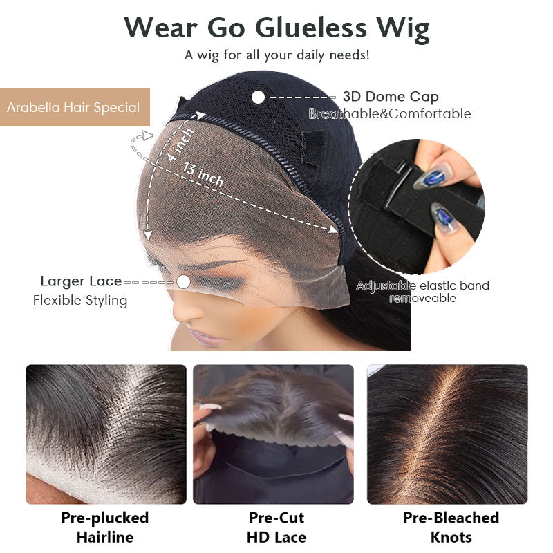 Pre-Cut 13x4 Glueless Lace Front Yaki Straight Wear&Go Upgrade HD Lace Natural Black Human Hair Wig Beginner-Friendly