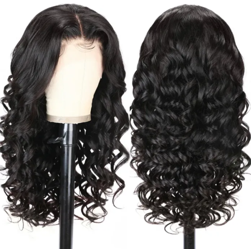 Loose Wave Natural Black 4x4 Lace Glueless Human Hair Wig Middle Part