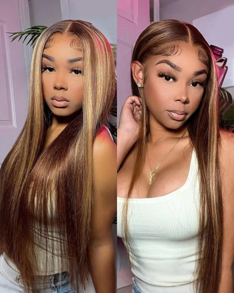 30" = $259 + Free Bob | 4x4 Lace Closure Straight Piano Highlight Colored Wig - Glueless Human Hair Wig