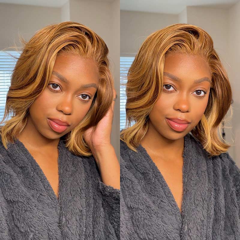 14" 13x4 Lace Front Honey Blonde Bob Style Piano Highlights Color Short Body Wave Bob Human Hair Wig