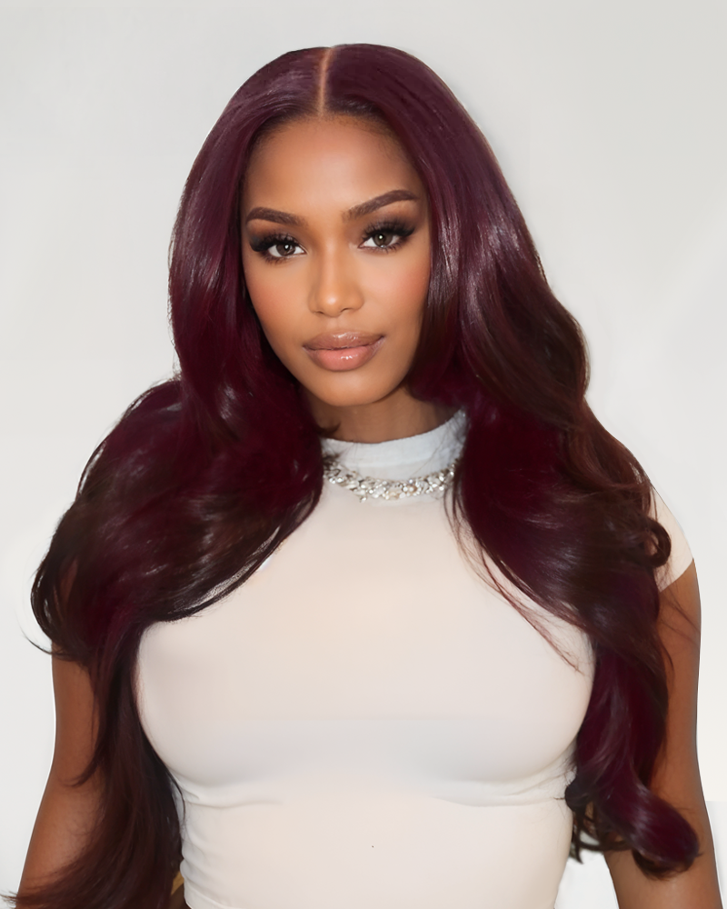 【$299 = 2 WIGS】Arabella 13x4 Frontal Lace Dark Plum Body Wave Wig Invisible Knots Realistic Hairline 20