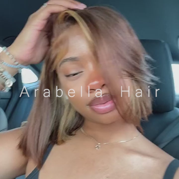 New Skunk Stripe Highlight Color Bob Wig 13x4 Lace Frontal Wig Chocolate Color Free Part Human Hair 180% Density H427