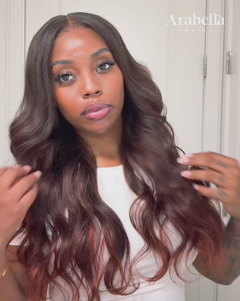Pure-Luxe™ Airtouch Balayage Highlights Burgundy Ombre Color Blowout In Wavy Pre-Cut 13x6 Lace Ultra-Dense Glueless Human Hair Wig