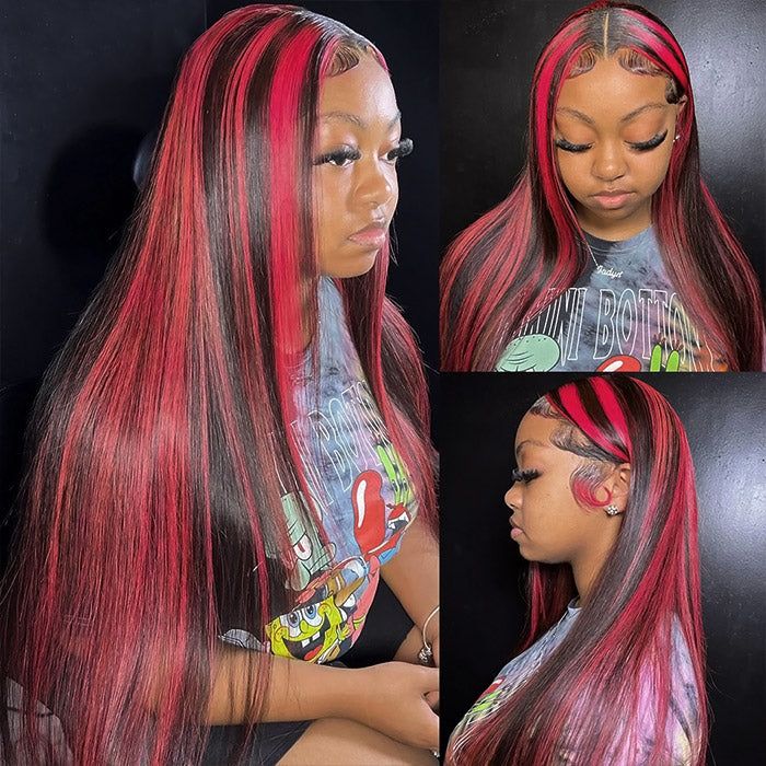 22" 13x4 Lace Frontal Dark Burgundy With Rose Red Highlights Straight Colored Human Hair Wig