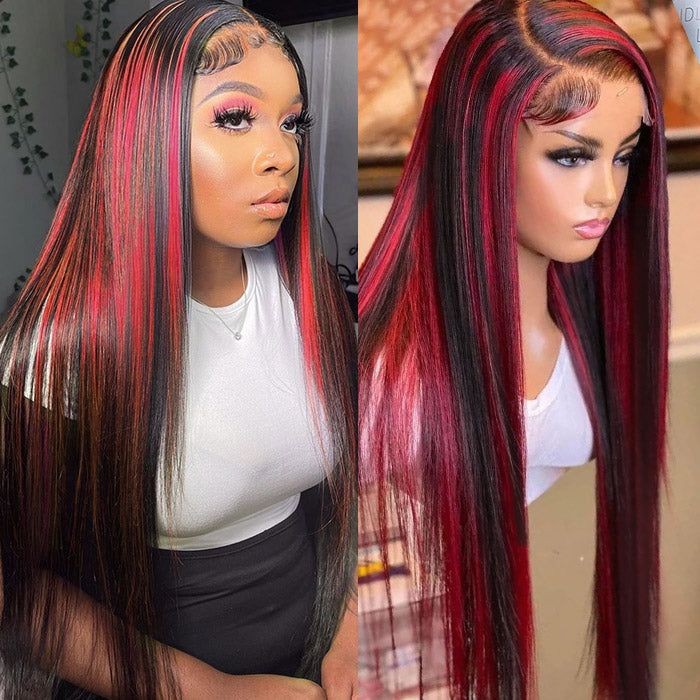 22" 13x4 Lace Frontal Dark Burgundy With Rose Red Highlights Straight Colored Human Hair Wig