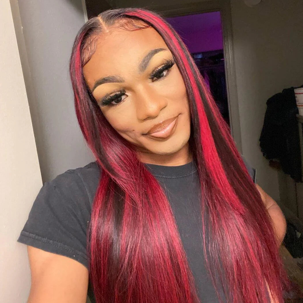 22" 13x4 Lace Frontal Dark Burgundy With Rose Red Highlights Straight Colored Human Hair Wig