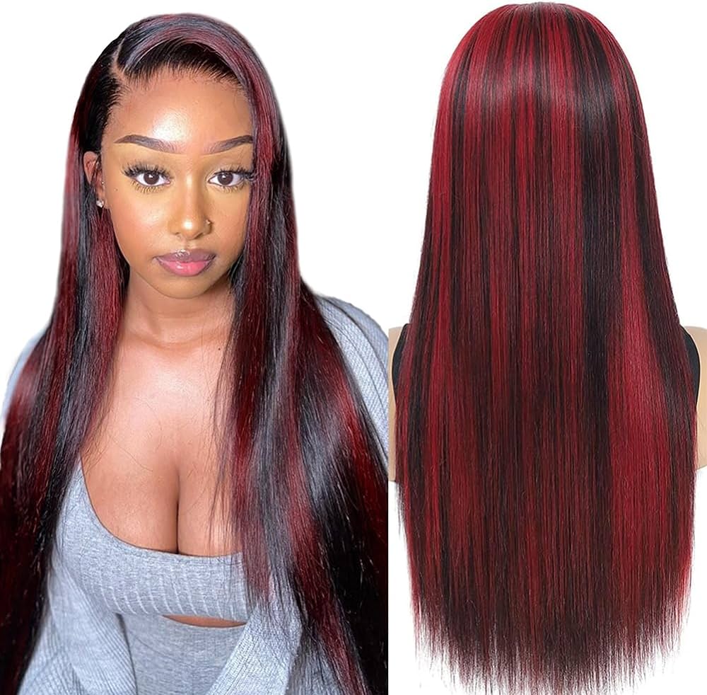 22" 13x4 Lace Frontal Dark Burgundy With Rose Red Highlights Straight Colored Human Hair Wig