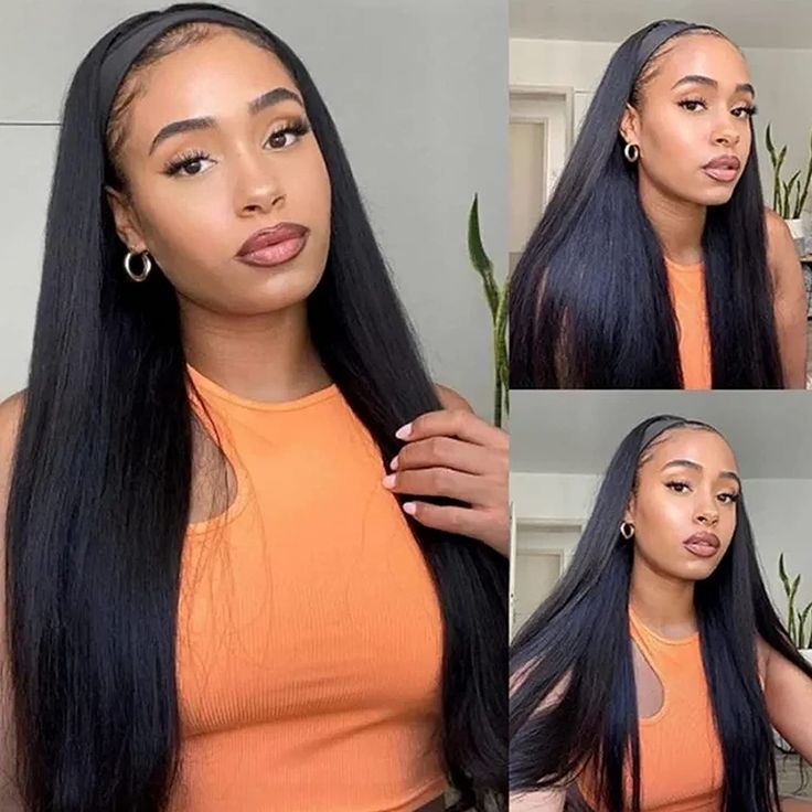 22" Glueless Headband Straight Full Machine Made No Lace Human Hair Wig