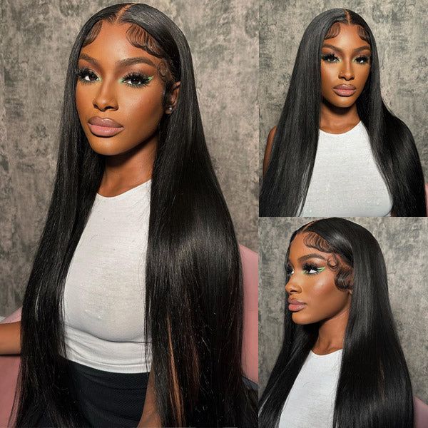 24" Glueless 5x5 Lace Closure Straight Wig Natual Black Human Hair Wig
