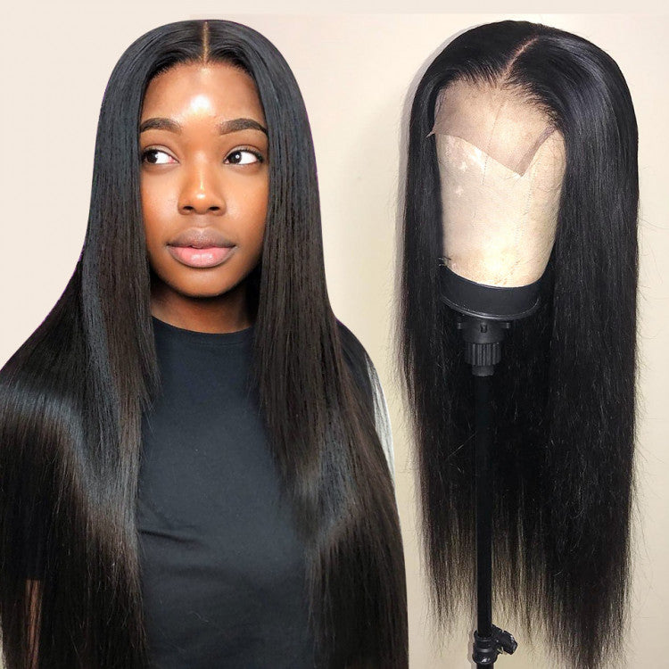 18" Glueless 5x5 Lace Closure Straight Wig Natual Black Human Hair Wig