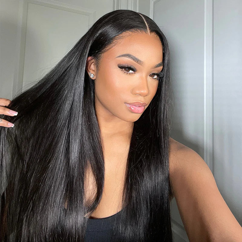 24" Glueless 5x5 Lace Closure Straight Wig Natual Black Human Hair Wig