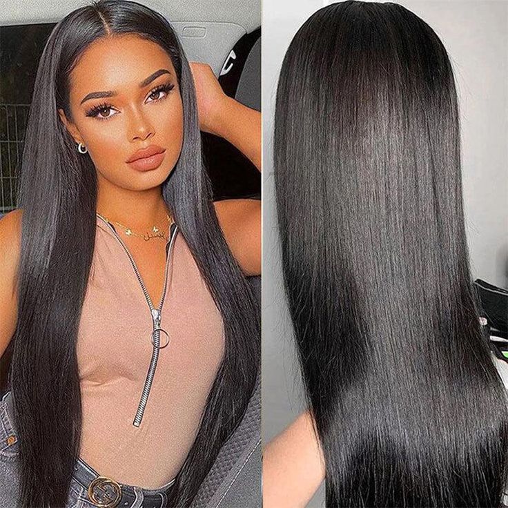 24" Glueless 5x5 Lace Closure Straight Wig Natual Black Human Hair Wig