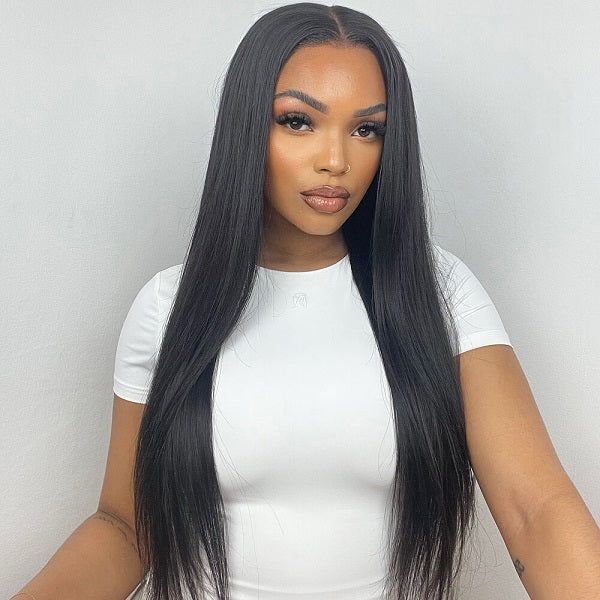 24" Glueless 5x5 Lace Closure Straight Wig Natual Black Human Hair Wig