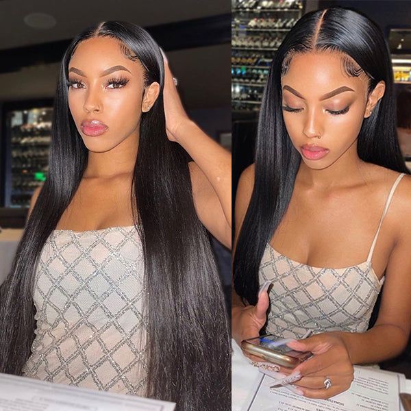 24" Glueless 5x5 Lace Closure Straight Wig Natual Black Human Hair Wig