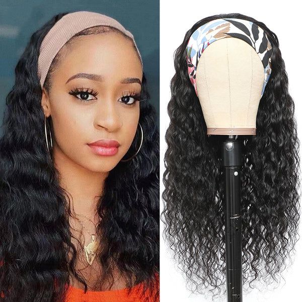 20" Glueless Headband Water Wave Full Machine Made No Lace Human Hair Wig