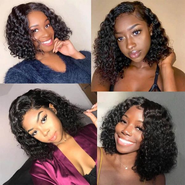 13x4 Lace Frontal Short Bob Style Water Wave Natural Black Human Hair Wig