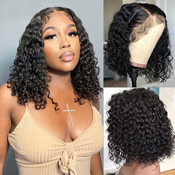 Curly Short Bob Natural Black Glueless T Part Lace Front Human Hair Wig
