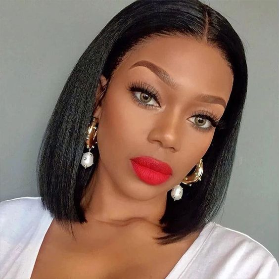 10" 13x4 Lace Yaki Straight Bob Style Lace Frontal Natural Black Human Hair Wigs Free Part