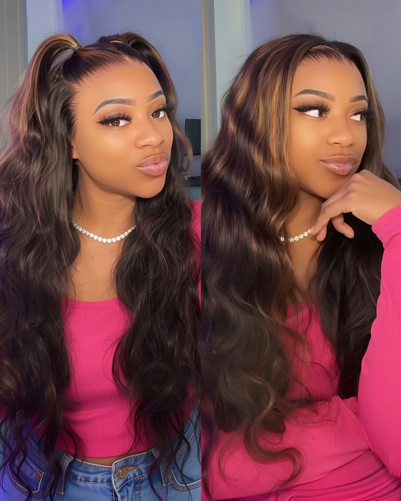 Natural Black With #30 Highlight Color Body Wave Glueless 6x5 Pre-Cut Lace/13x4 Lace Front Human Hair Wig
