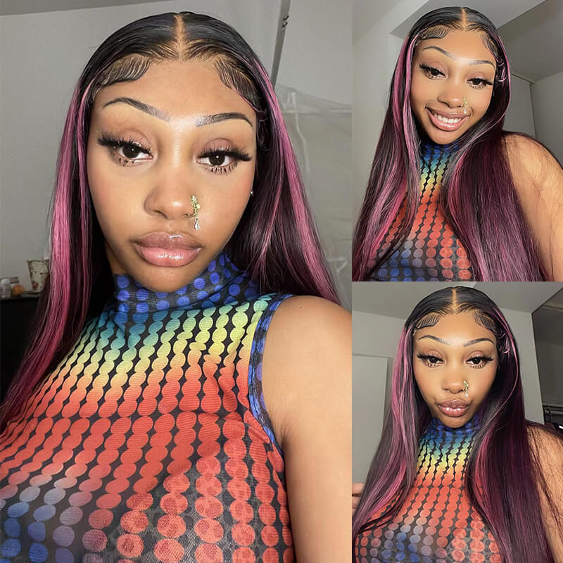 24"=$150 | Arabella 13x4 Frontal Lace Purple Highlight Straight Wig Invisible Knots Realistic Hairline