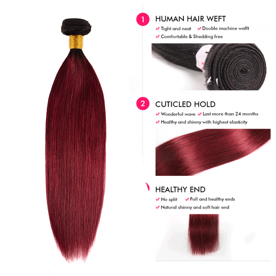 T1B/99J Burgundy Red Color 3 Bundles Straight Hair With 4*4 Lace Closure - arabellahair.com
