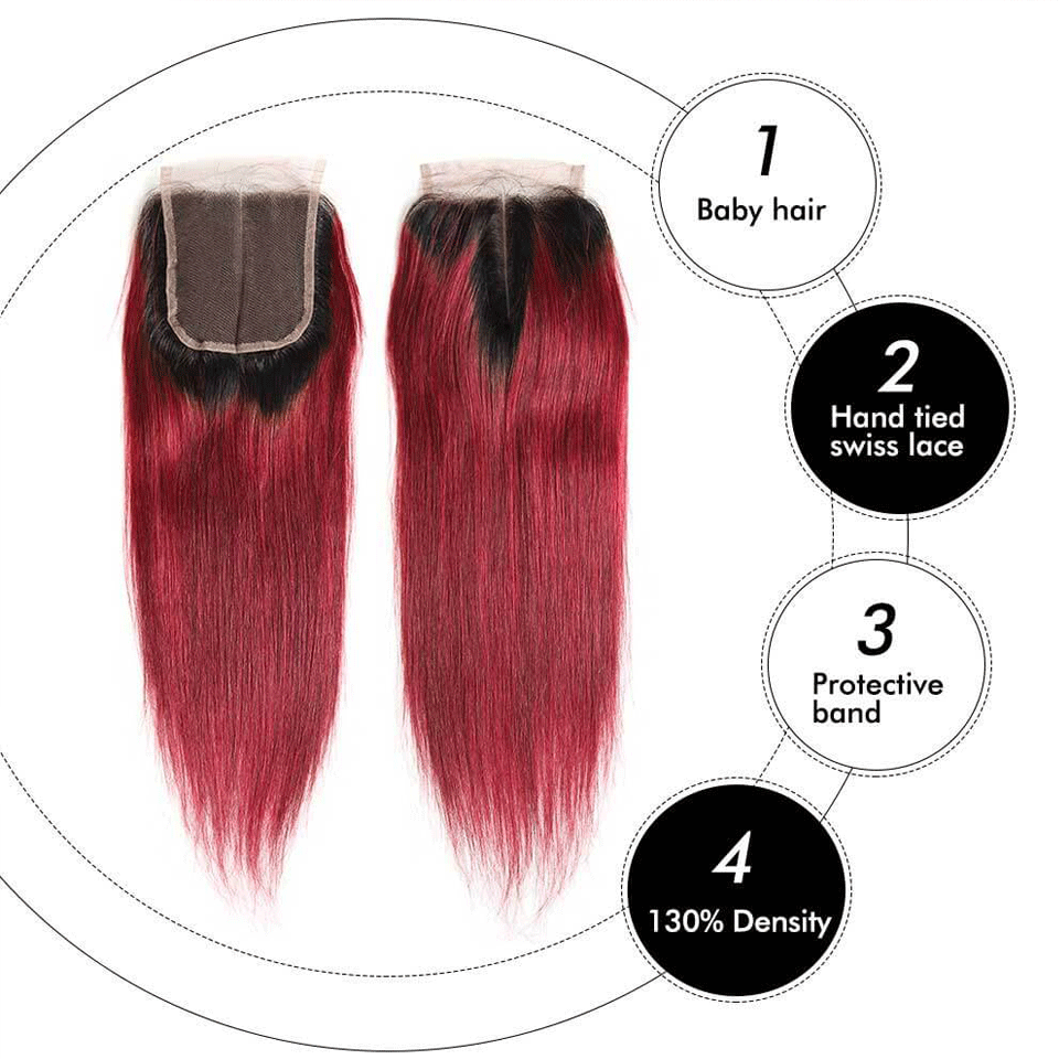 T1B/99J Burgundy Red Color 3 Bundles Straight Hair With 4*4 Lace Closure - arabellahair.com
