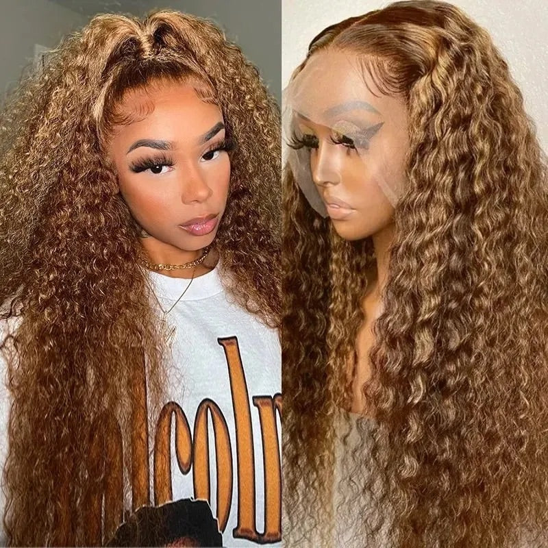 Glueless 6x5 Lace Honey Blonde Piano Highlights Color Deep Wave Curly Human Hair Wig