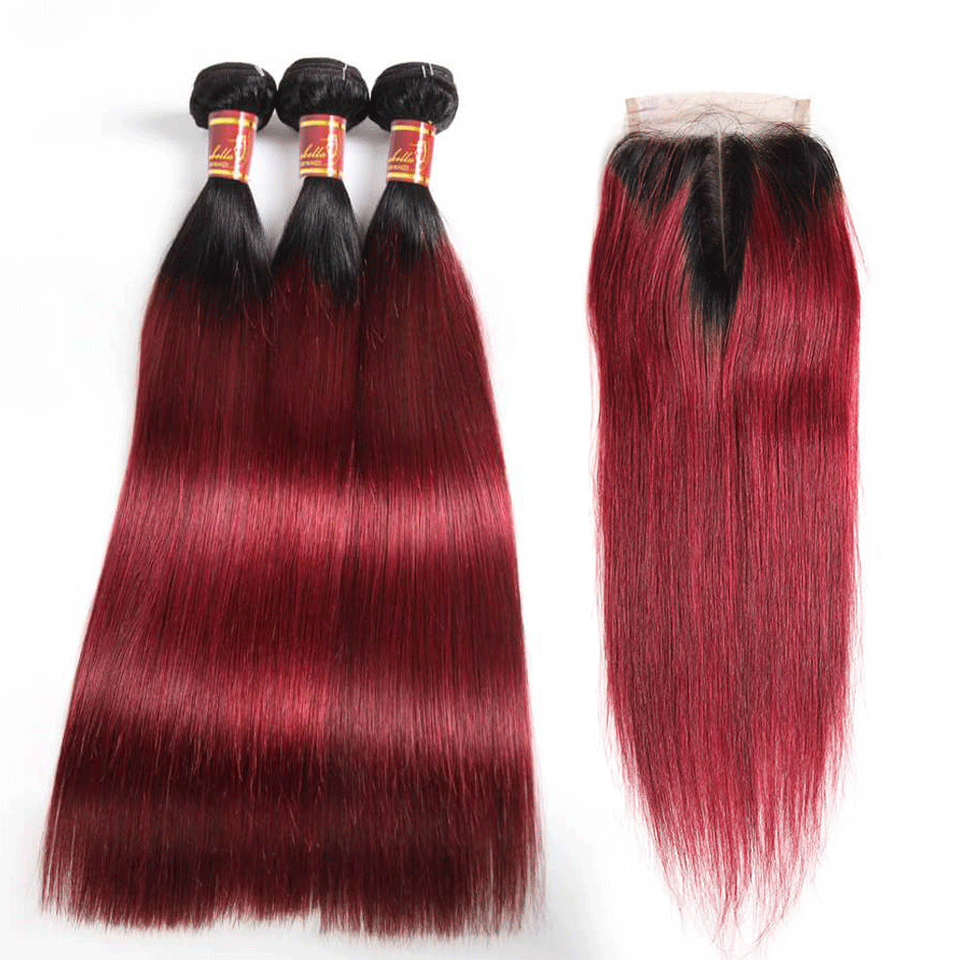 T1B/99J Burgundy Red Color 3 Bundles Straight Hair With 4*4 Lace Closure - arabellahair.com