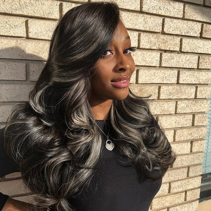 Blowout In Wavy 13x4 Lace Platinum Blonde Highlights Natural Black Mix Color Wig Human Hair Wig