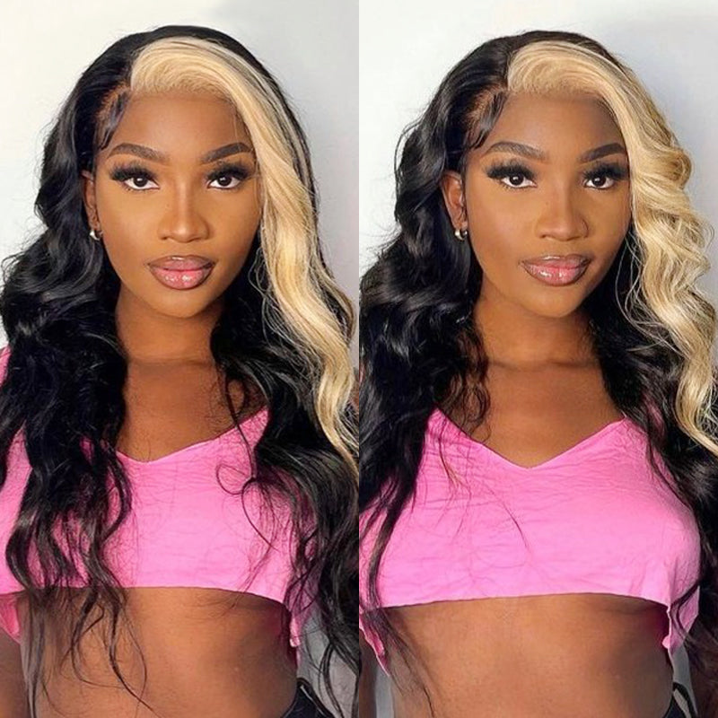 Human hair wig Blonde Skunk Stripe Highlight Blonde Color 15A Double Drawn Hair 13x4 Transparent Lace Frontal Wig 210% Density - arabellahair.com