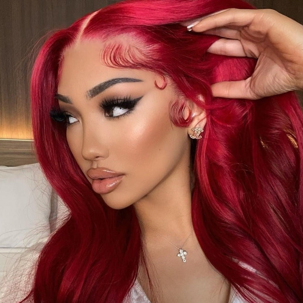 Red Burgundy Color Transparent Lace Wig 4*4/13*4 Lace Glueless Natural Wig 18 24 Inch - arabellahair.com