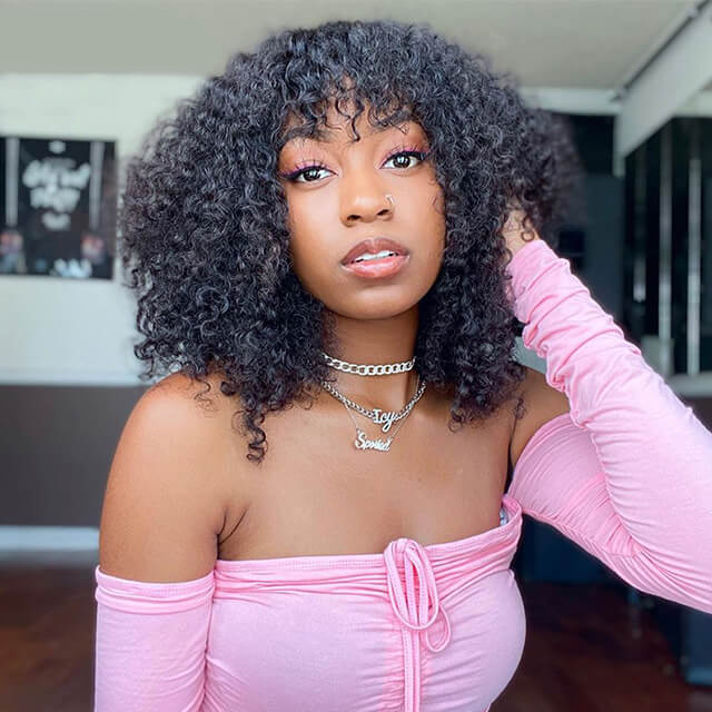 Jerry Curly Bob Wig With Bangs Full Machine Made For Women Fringe Wigs Non-Lace Wig - arabellahair.com