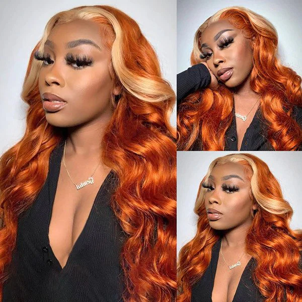 Human hair wig Skunk Stripe Ginger Blonde Ombre Wigs Transparent 13*4 Lace Front Wig Body Wave Lace Frontal Human Hair Wig - arabellahair.com