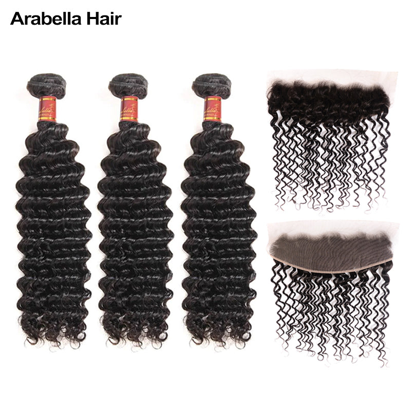 Human hair wig {12A 3Pcs+Frontal} Deep Wave 3 Bundles Hair Weft With Frontal Closure Human Virgin Hair Extensions - arabellahair.com